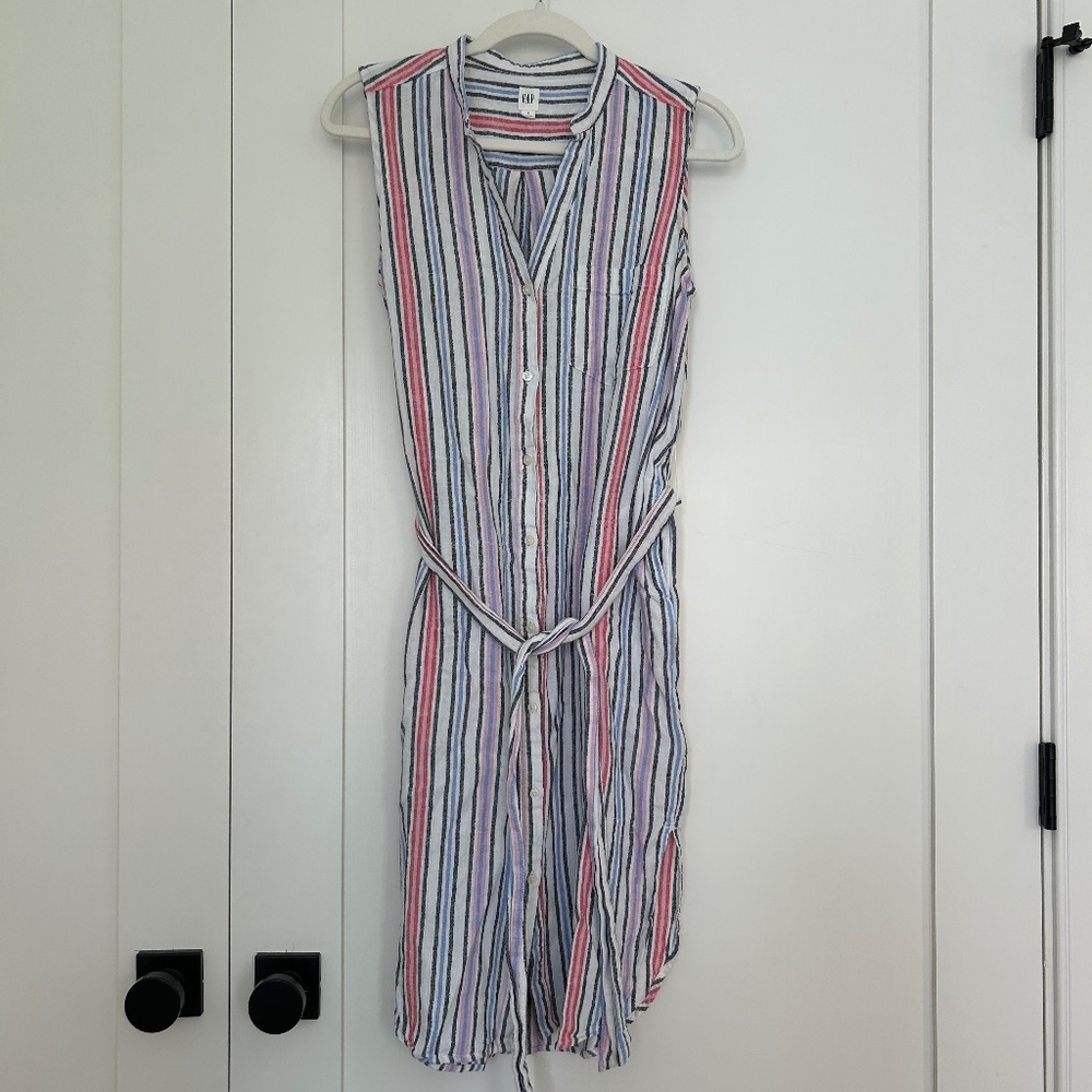 Gap Linen Blend Sleeveless Striped Midi Shirt Dress Blue Pink